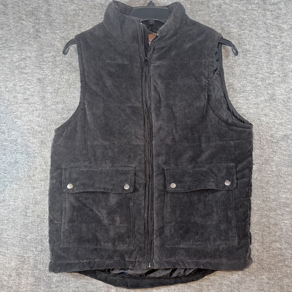 Weather Wear Mens Vest Puffer Corduroy Chore Snap Pockets Black Large Excellent